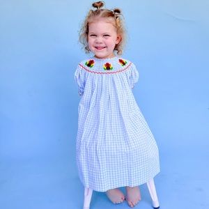 Poppy Kids Co. Blue and White Check Thanksgiving Turkey Dress
